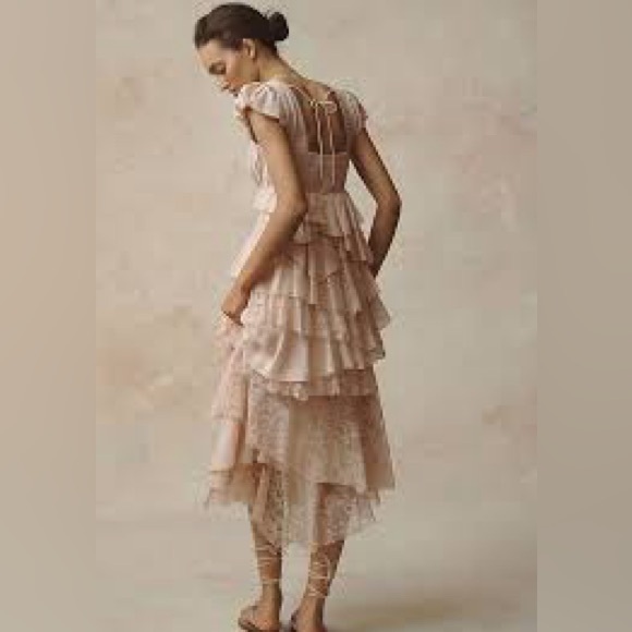 Anthropologie Square Neck Ruffled Lace Tiered High Low Dress - Picture 3 of 10